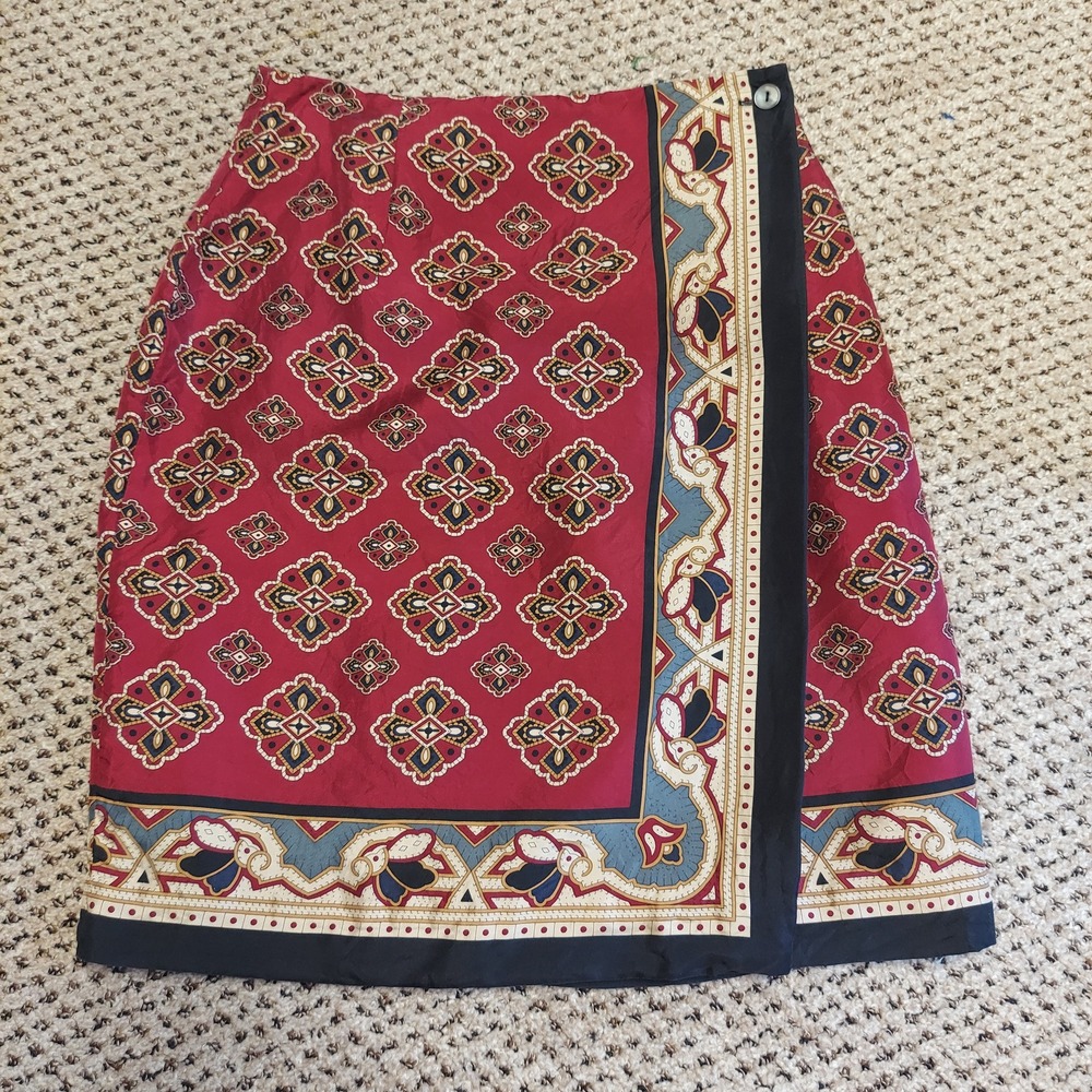 Studio G Red Silk Medallion Print Wrap Skirt 4 Scarf Dark Academia Preppy 90s